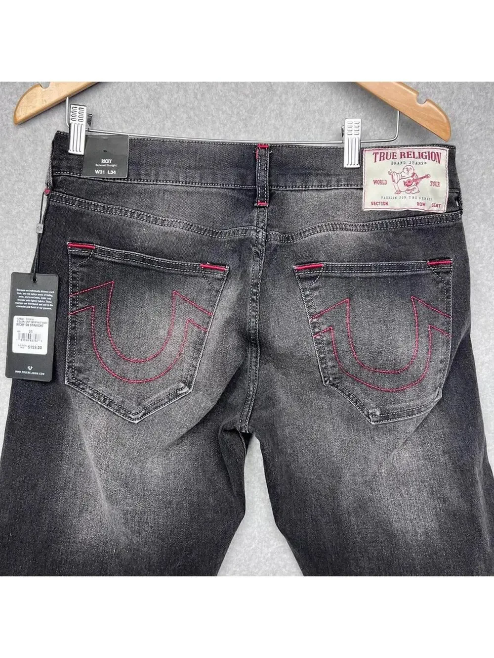 True Religion Ricky Relax Straight Jeans W31 L34 Black Red Stitch Y2K Baggy New